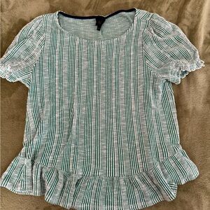 W5 Green and White Striped Ruffle Hem Short Sleeve Top